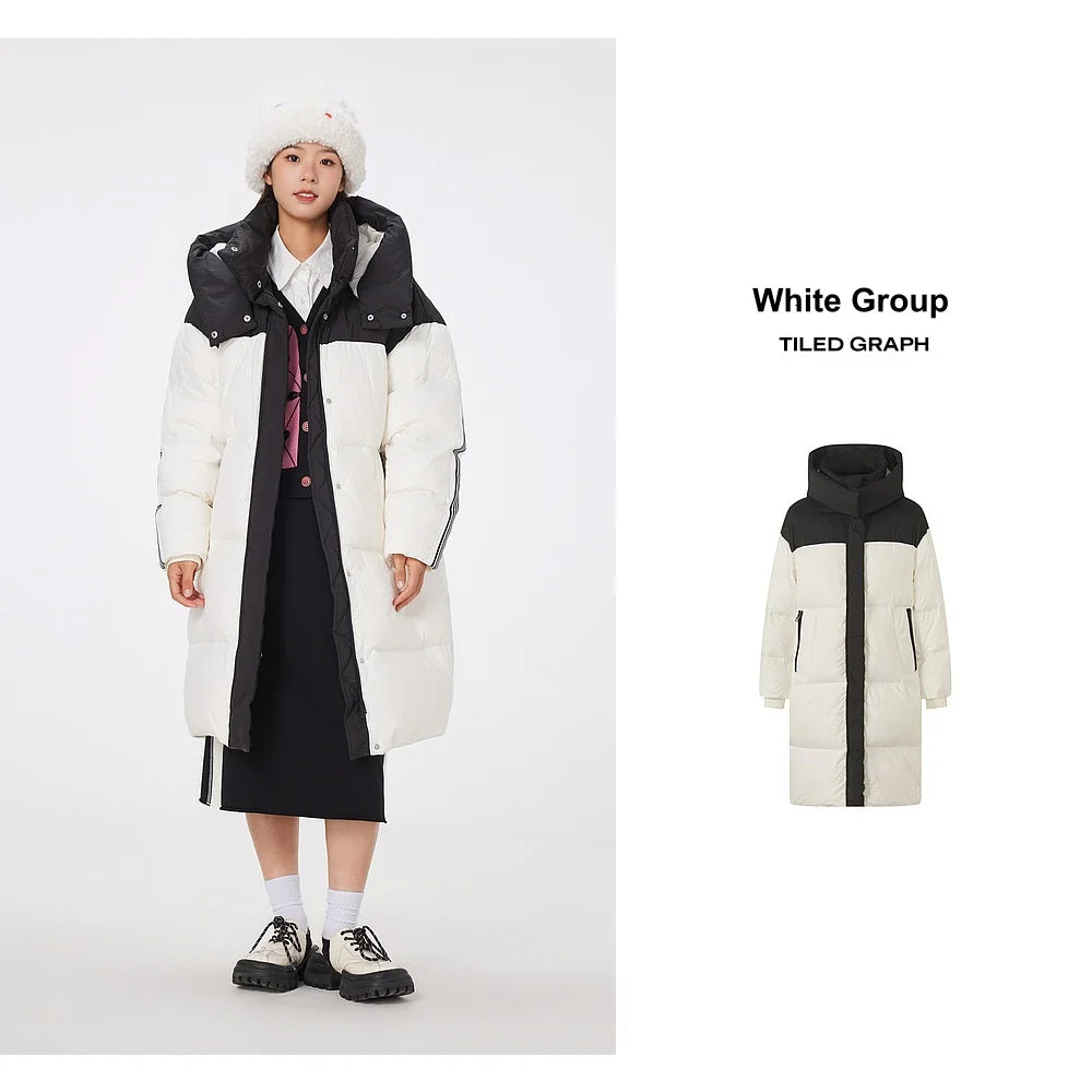 Women's Knee-Length Padded Coat With Detachable Hood, Stylish Colour-Blocking Windproof, Warm Duck Down Jacket For ladies