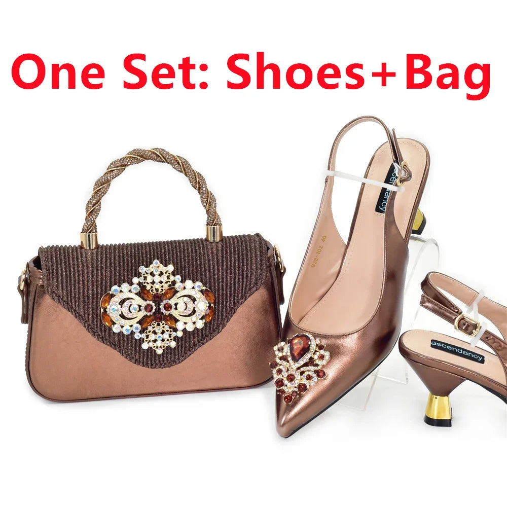 African Matching Shoes and Bags Set Decorated with Rhinestone for Ladies' Party