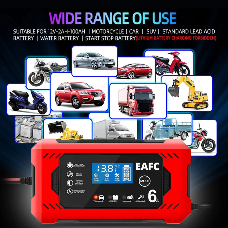 12V Groot Scherm 6A Digitale Auto Acculader Onderhouder voor Auto Motorfiets SUV Vrachtwagen Auto AGM Diepe Cyclus VRLA Puls Reparatie
