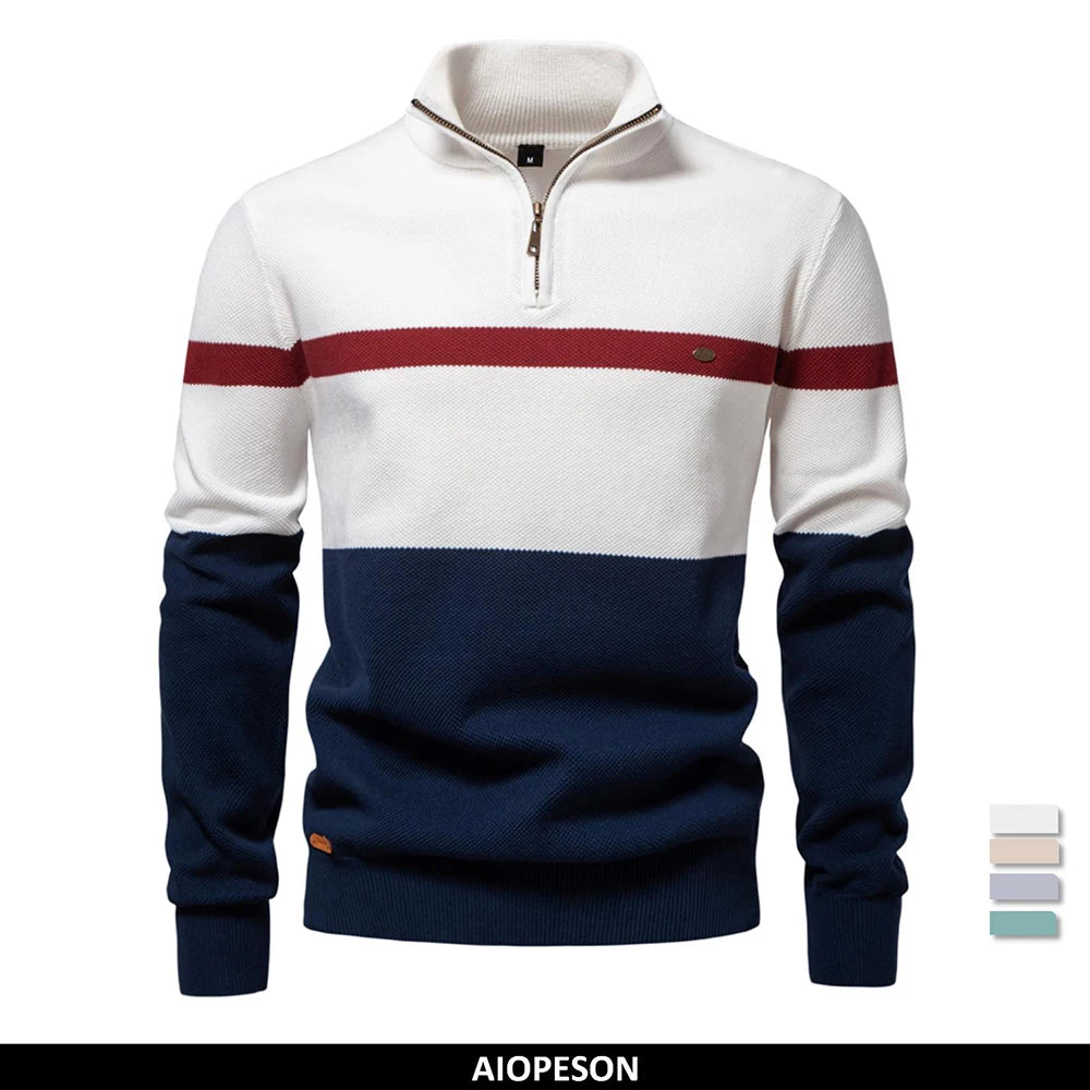 Men's High Quality Cotton Sweater Zipper Mock Neck Pullovers Male Autumn Winter Striped Warm Polo Sweater For Men