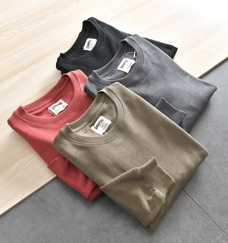 Lente Nieuwe Amerikaanse Retro Lange Mouw O-hals Effen Kleur Sweatshirts Heren Eenvoudige 100% Katoen Gewassen Trui Casual Sportkleding