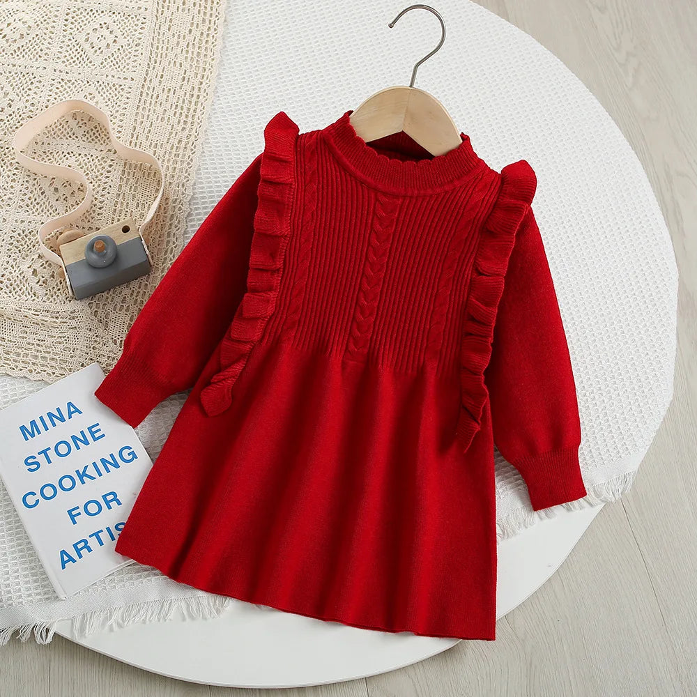 Autumn Kids Knit Dress Cute Solid Colour Girls Sweater Thin Children Clothes Baby Princess Dress 9M-5T Girls