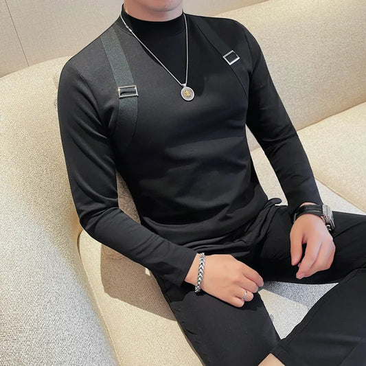Men's Strap Long-Sleeved T-shirt For Autumn and Winter, Slim Fit Half Turtleneck Bottoming Shirt, Fashion City Knitwear