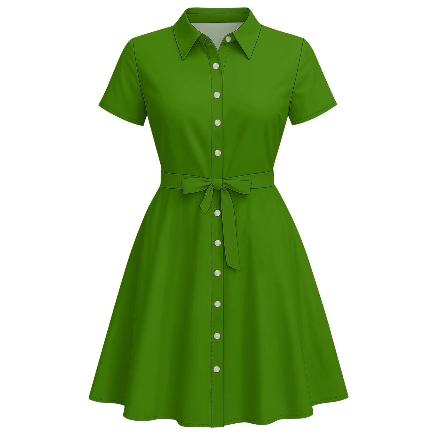 Women's Fashion Button Up Split Dresses Short Sleeve Casual Solid Color Midi Dress A-Line Swing Dresses with Belt