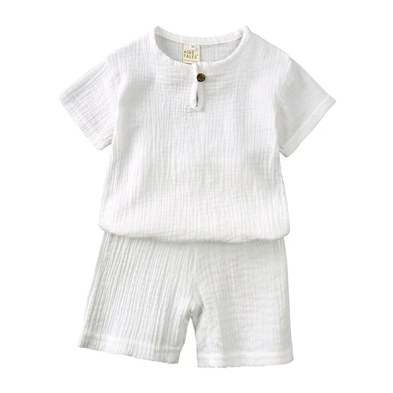 2025 Summer 100% Cotton Baby Boy Girl 2PCS Set Solid Short Sleeve Shirt Casual Toddler Suit 1-7T Unisex