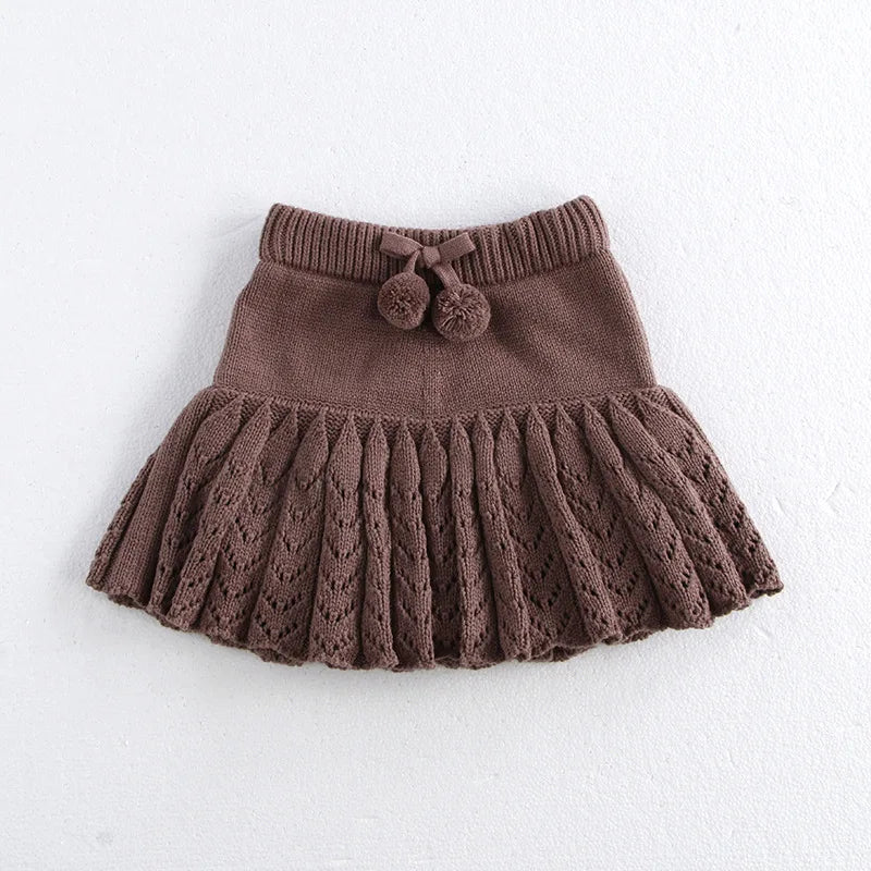 New Autumn Kids Short Skirt Girls Cute Solid Colour Knitted Pleated Skirt Children Hollow Out Knitted Shorts