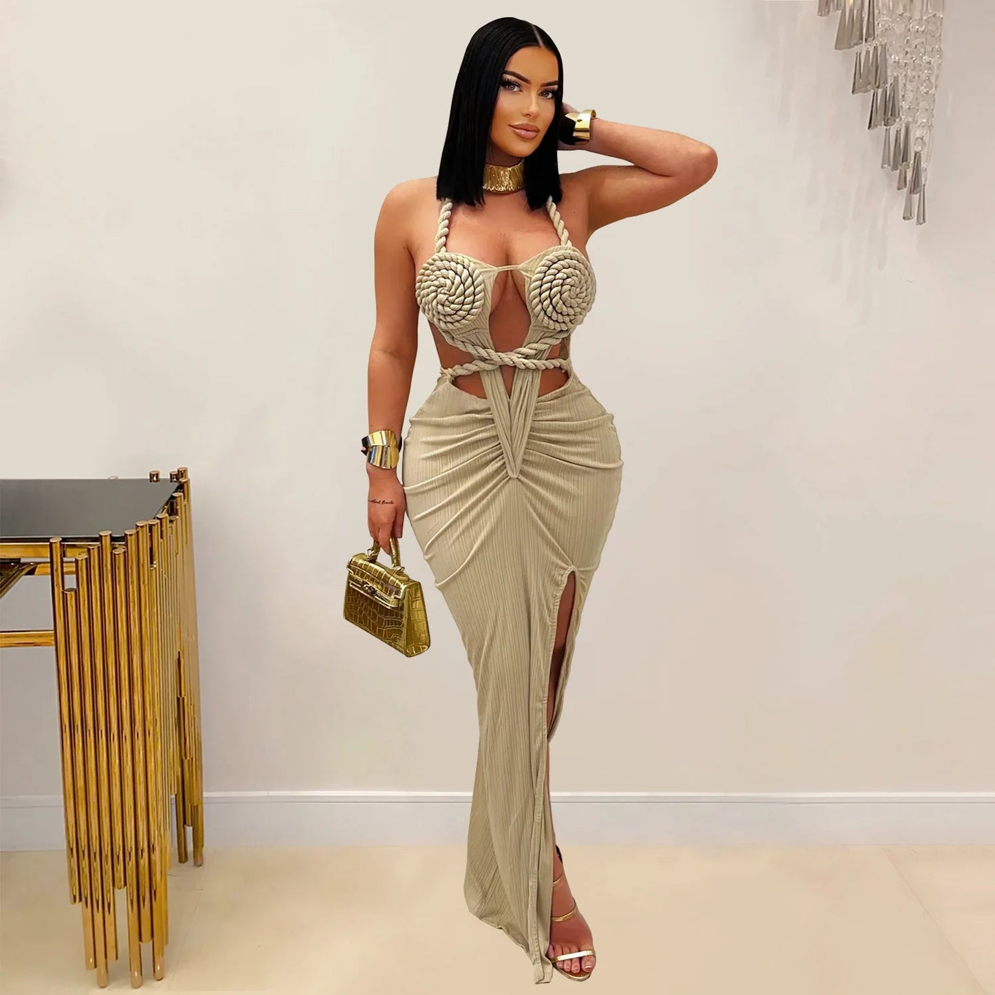 Bohemia Knitted Women Maxi Dress 2025 Summer Halter Lace Up Backless Split Sheath Vestidos Beach Vacation Robe
