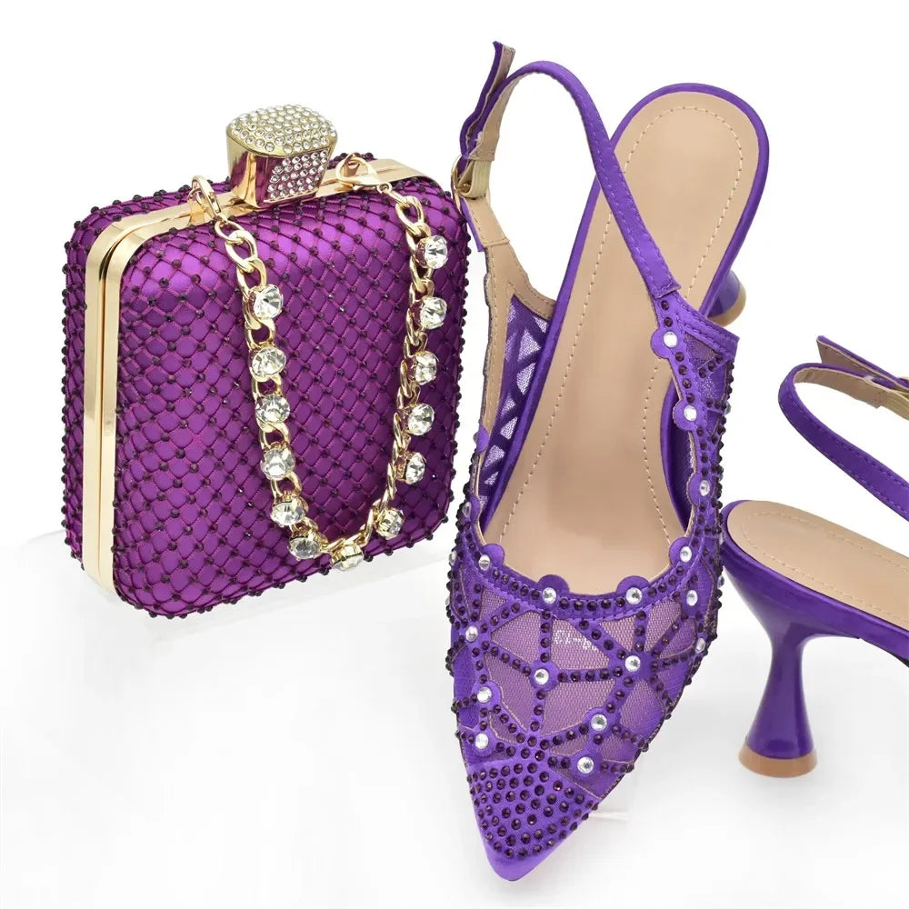 Hollow Design Trendy African Matching Shoes and Bags Italy Rhinestone Women Party Pumps for Women Elegant Wedding Shoes Bride