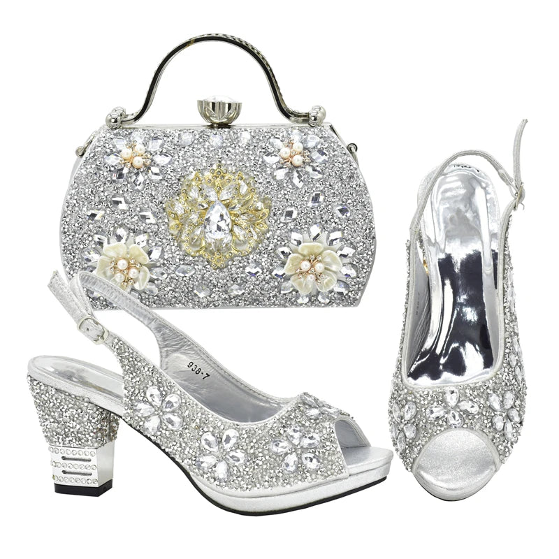 Italian Women Wedding Shoes and Bag Set Decorated with Rhinestone Africa Shoe and Bag Set Plus Size Heels 43 Wedding Shoes Bride