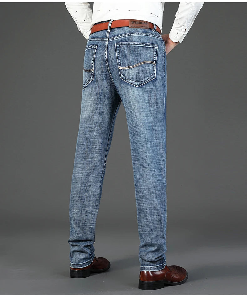 New Business Men's Jeans Casual Straight Stretch Fashion Classic Blue Black Work Denim Trousers Male Brand Clothing