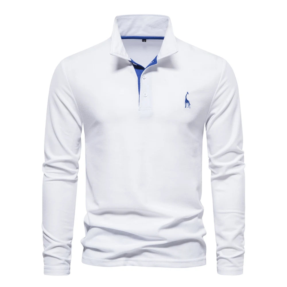New Men's Deer Embroidery Polo Shirts Solid Colour Long Sleeve Social Business Male