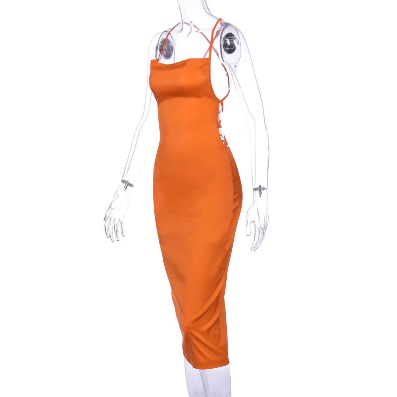 Neon Satin Lace Up Women's Long Midi Dress Light Pink Bodycon Backless Elegant Party Sexy Club Clothes Summer Dinner Outfit