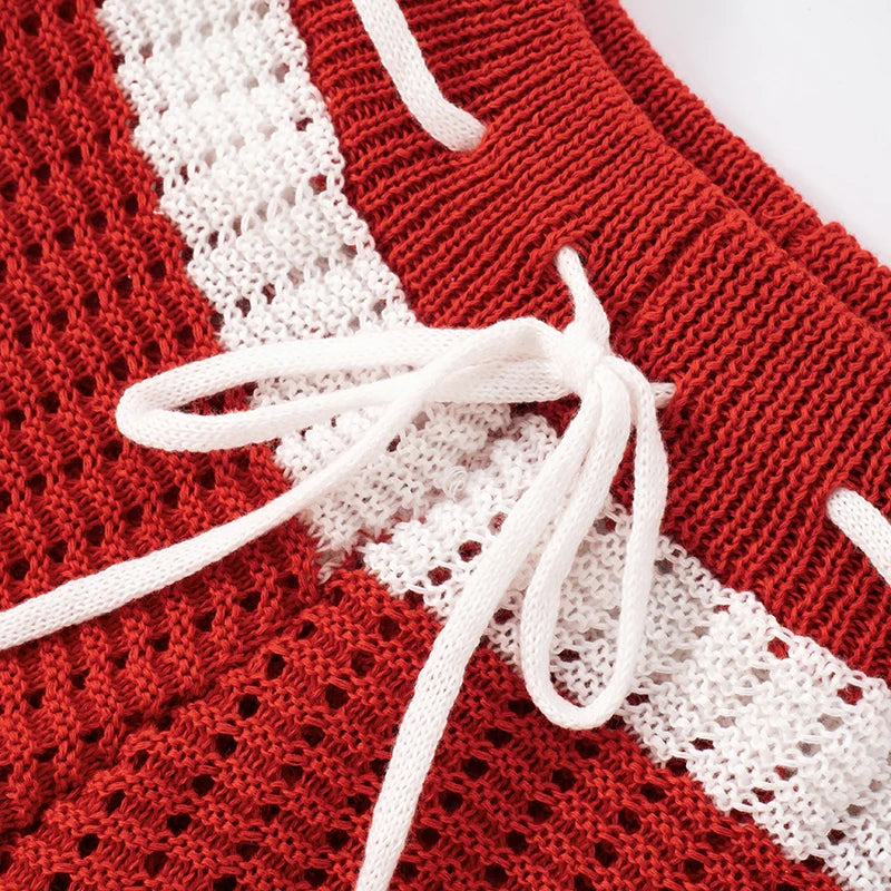 Crochet 2 Piece Set Women Hollow Beach Vacation Shirring Strapless Tops + Contrast Shorts Matching Tight Stretch Suits