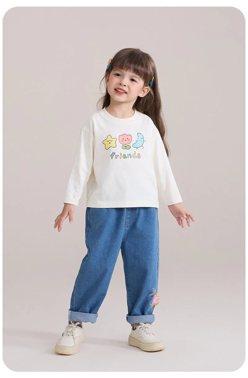 New Spring Girls Boys Cute T-shirt Kids Cartoon Letter Star Flower Undershirts Children Thin Style Bottoming Shirt 7T Unisex