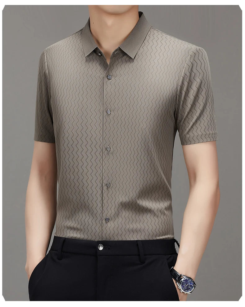 Men's Summer Lapel Shirt, Slim Fit Short-Sleeved, Fashion Dark Pattern Knitted Fabric Polo Shirt