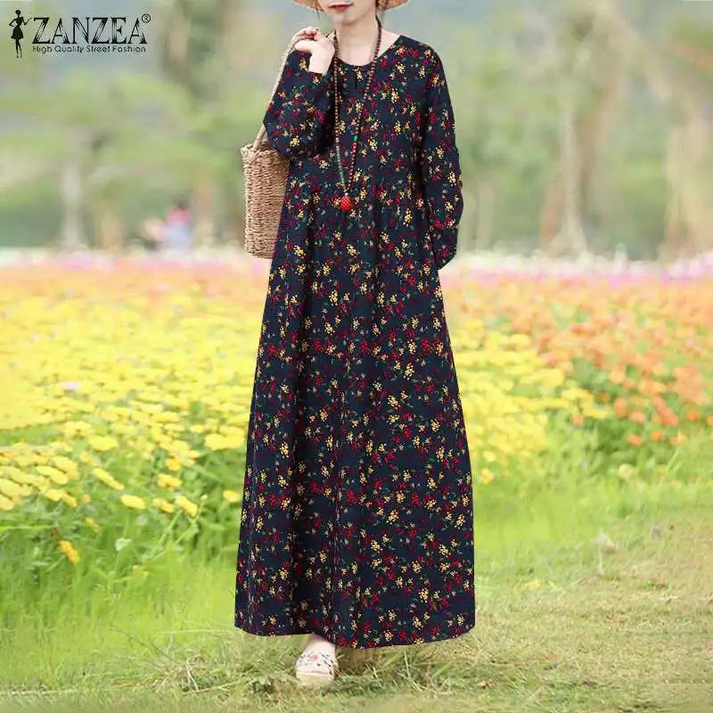 Floral Print Long Sleeve Maxi Dress Women Casual Loose Elegant Vintage Long Robes Holiday O neck High Waist Vestidos