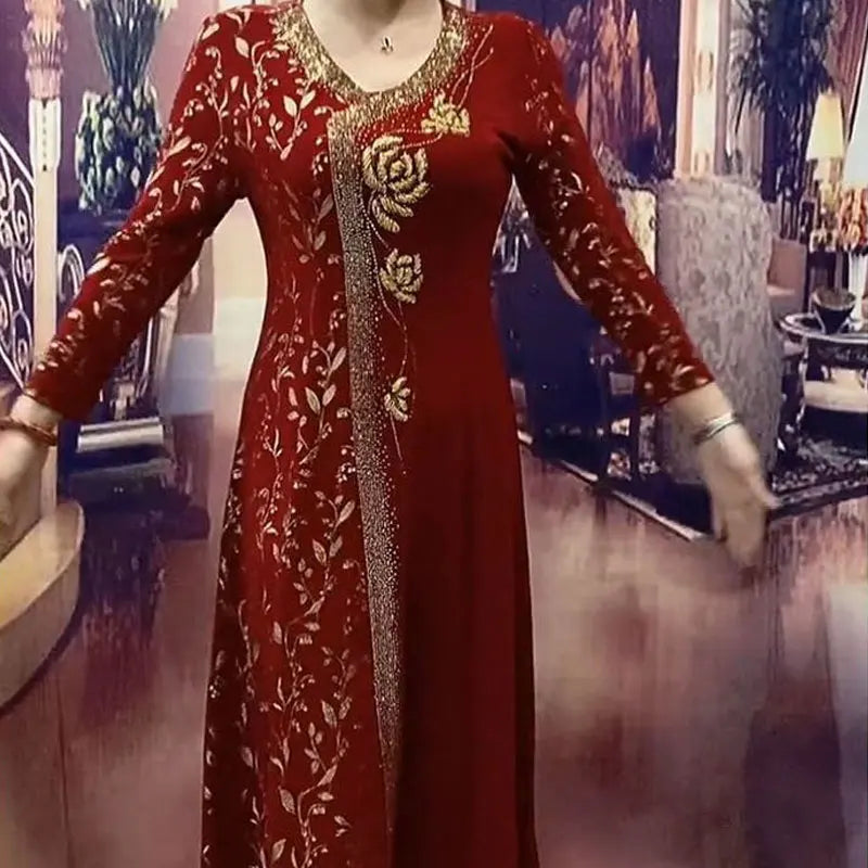 Commute Printed Elegant V-Neck Dresses Spring Autumn New A-Line Women's Clothing Long Sleeve Stylish Floral Diamonds Long Dress