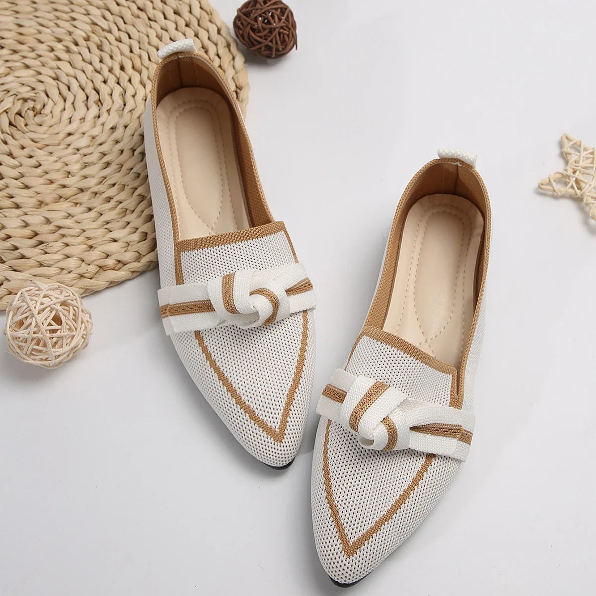 Women's Spring and Autumn Outfit Pointed Flat Breathable Casual Knot Shoes Women's Blue Pregnant Women's Low Heel Moon Shoes
