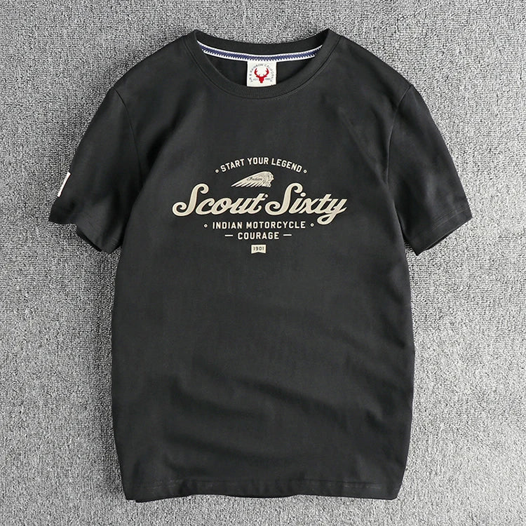 Zomer Nieuw Amerikaans Retro T-shirt met korte mouwen, ronde hals en Indiase letters, eenvoudig, 100% katoen, gewassen, casual, jeugdtops voor heren