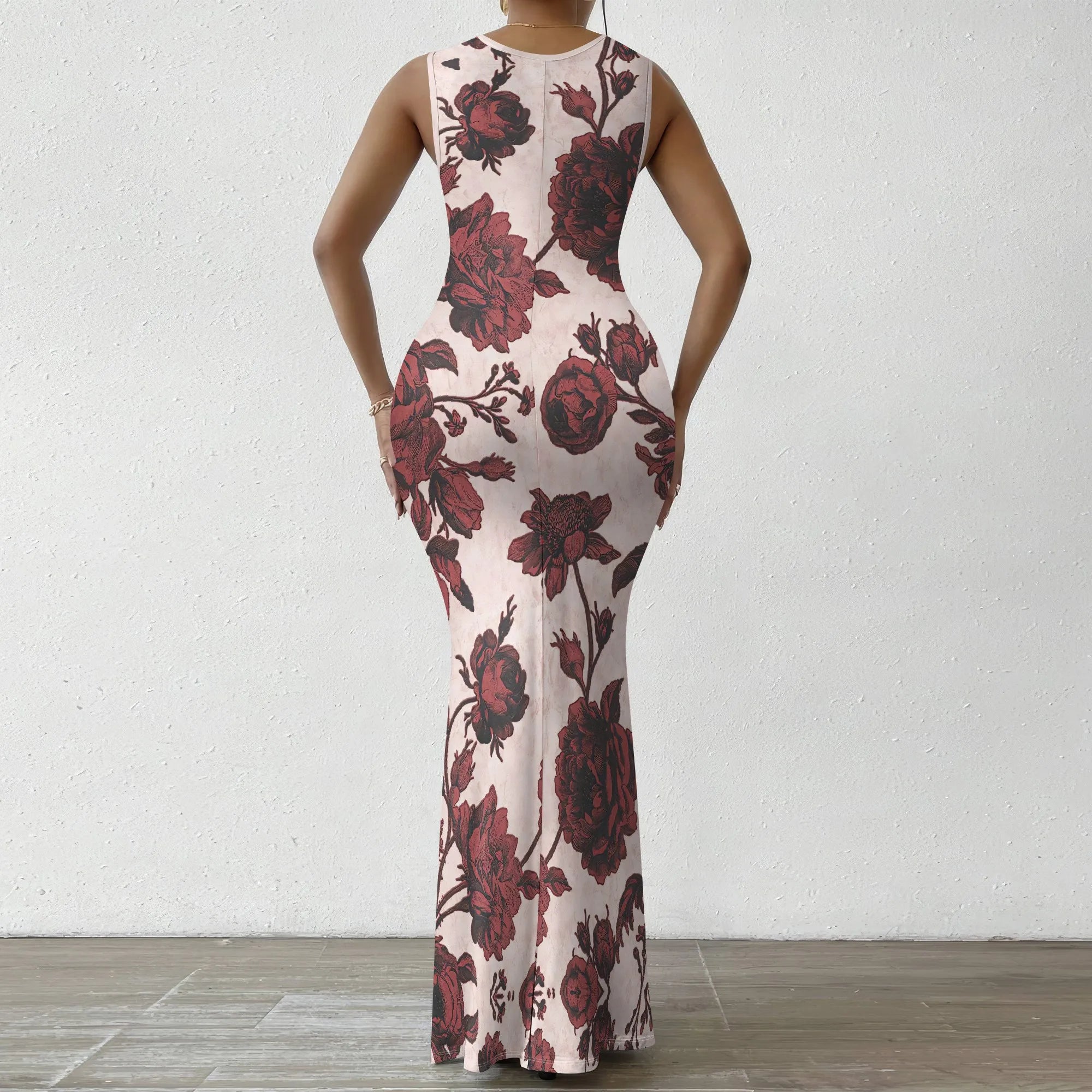 Women's V-Neck Sleeveless Maxi Dress Vintage Red Floral Print Elegant Bodycon Evening Dress
