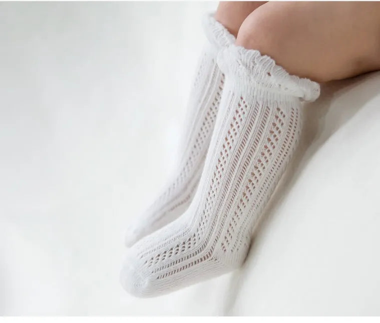 Baby Girl Knitted Mesh Socks Knee High Tube Toddler Girls Solid Socks Summer Thin Cotton Infant Kids Long Tube Socking 0-2 Years