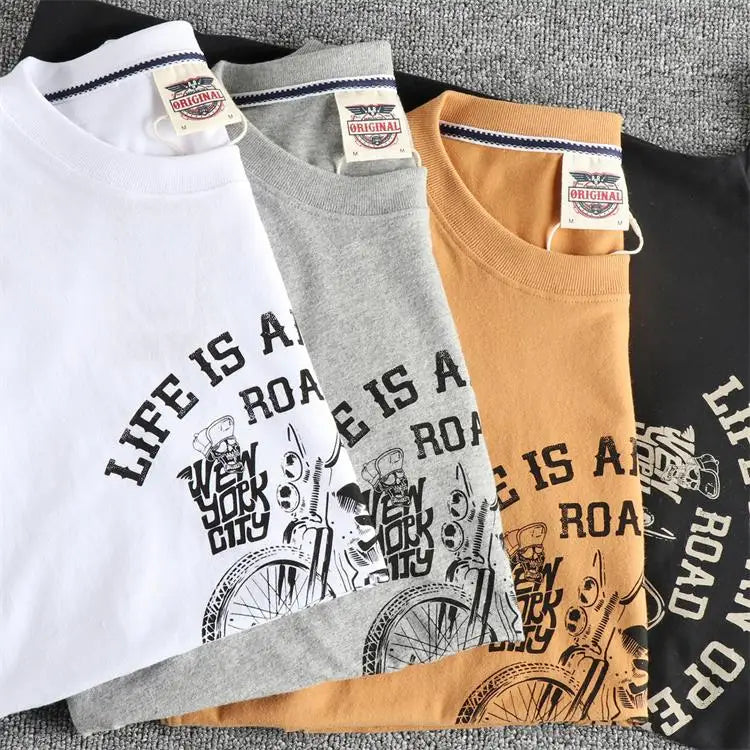 2025 Summer American Retro Short Sleeve O-neck Skeleton Motorcycle Printed T-shirt Men's Fashion 100% Cotton Washed Casual Tops