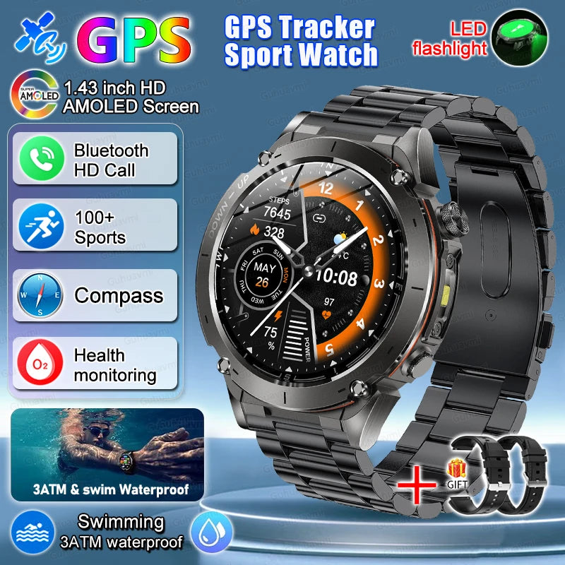 2025 New Rugged Military GPS Smart Watch Built-In GPS Tracker Compass Sports Fitness Tracking Smartwatch - Compatible with HUAWEI & Xiaomi IOS