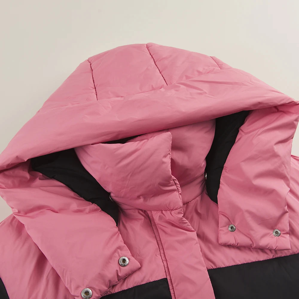 Women's Knee-Length Padded Coat With Detachable Hood, Stylish Colour-Blocking Windproof, Warm Duck Down Jacket For ladies
