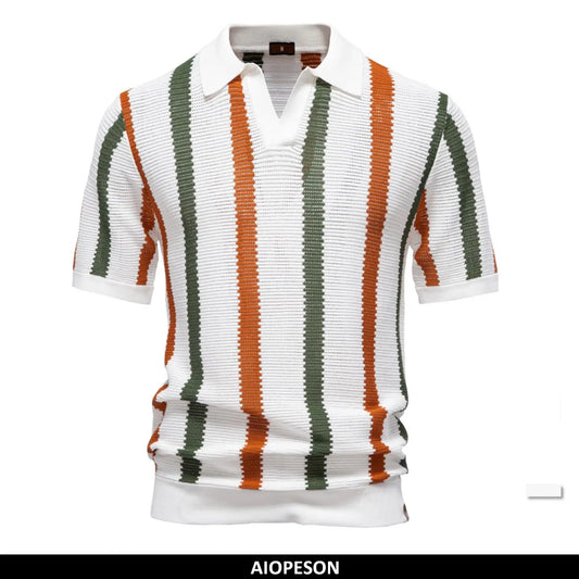Men's Ribbed Knit Polo Shirt For Breathable Striped Casual Wear with Comfortable Collar High quality Male Polo Shirt