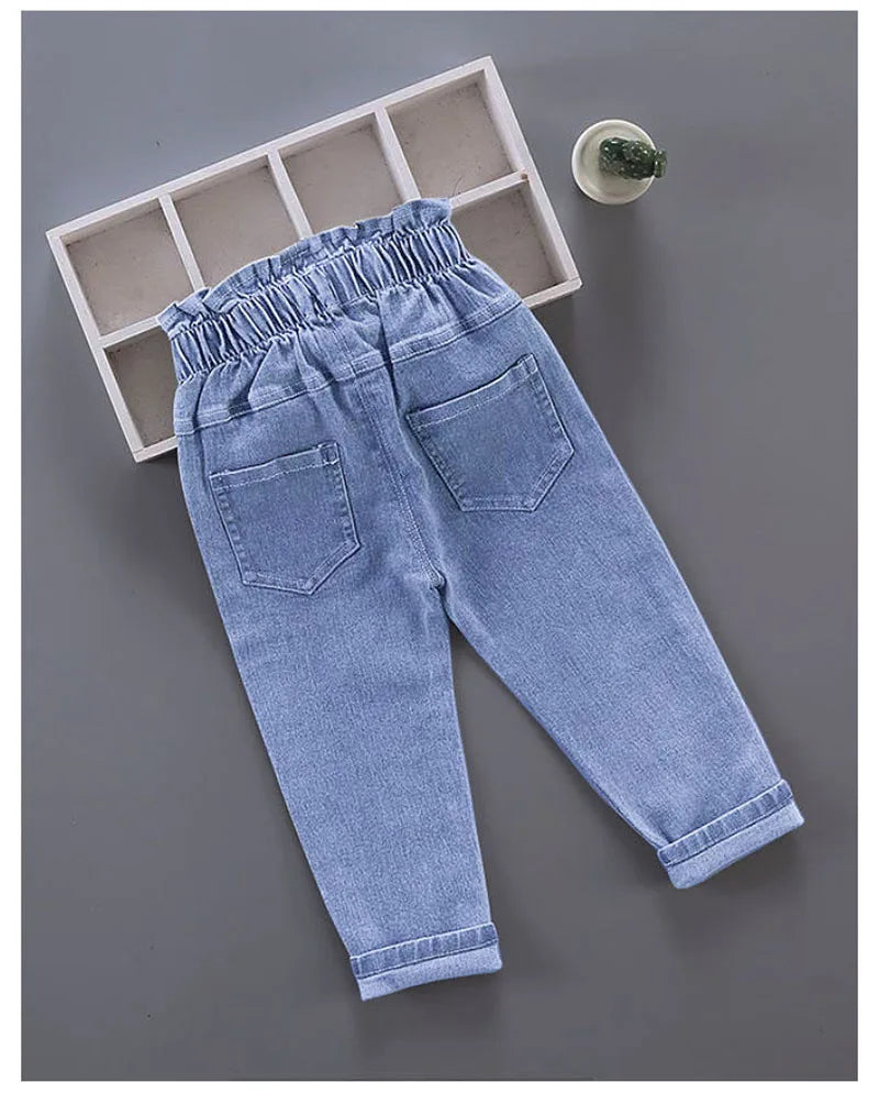 New Spring Kids Jeans Girls Boys Cute Embroidery Cherry Flower Denim Blue Pants Children Outwear Trousers 4-6Y Unisex