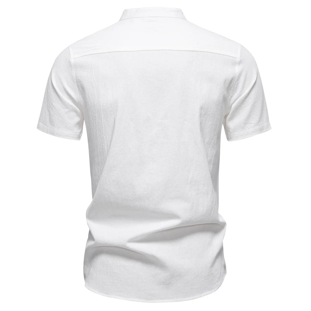 Men's Short Sleeve Solid Colour Linen Shirt Turn Down Collar Casual Summer Breathable Comfort Shirts for Men‌