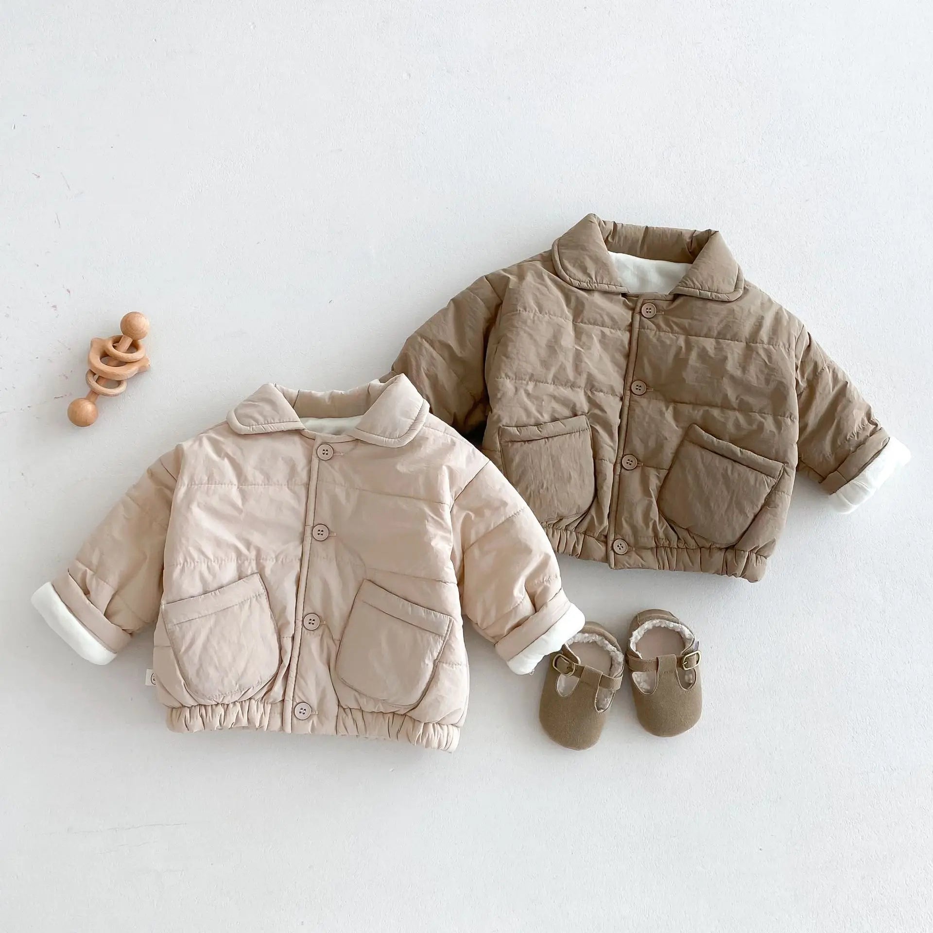 Baby Children's Winter Clothing Solid Colour Cotton Jacket Girls Simple Pocket Outwear Boys Fur Lining Warm Coat 0-5Y Unisex