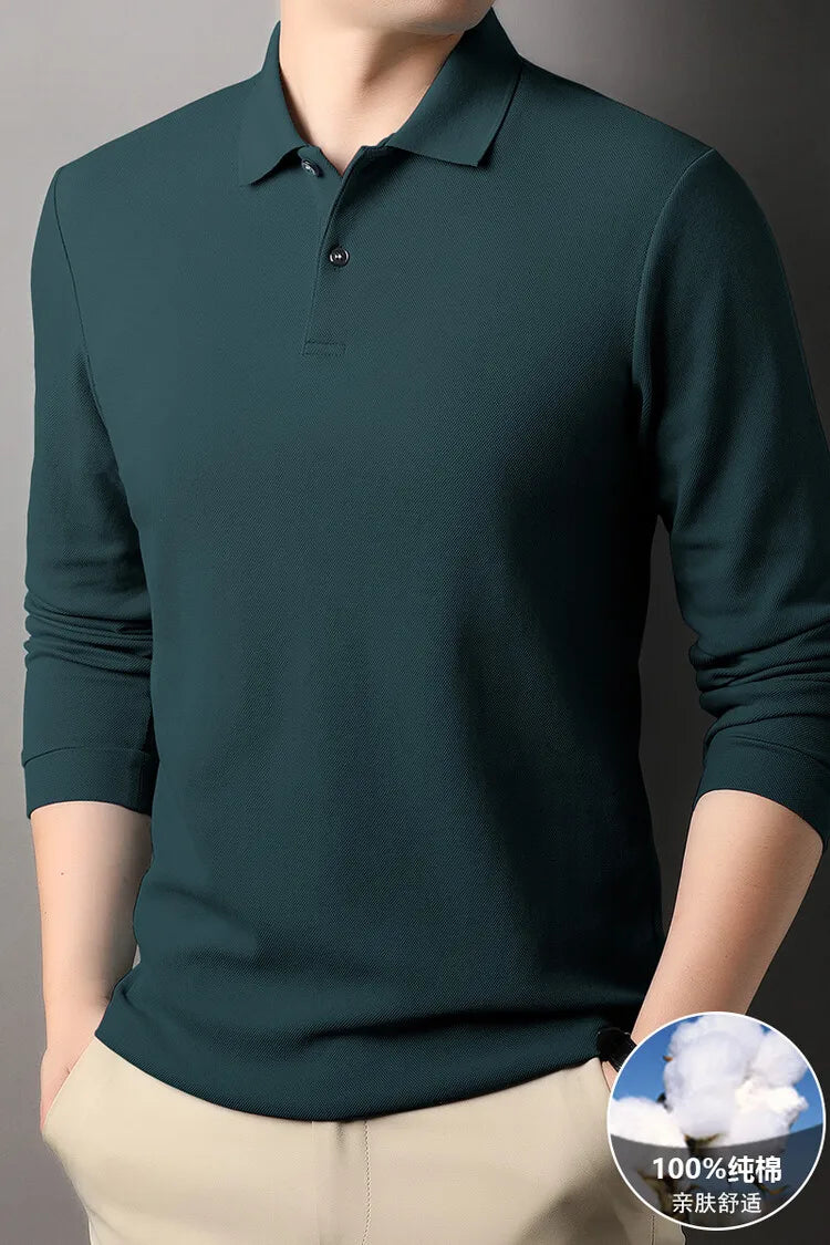 Men's 100% Cotton Polo Shirt, Four Seasons Universal Leisure Long Sleeve, Breathable Lapels T-shirt, Perfect and Durable for Golf Sports