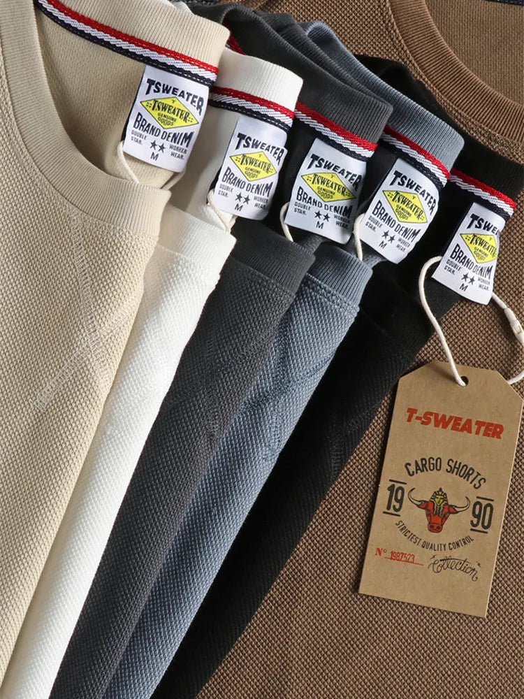 Zomer Nieuw Amerikaans Retro Waffle Microchapter T-shirt Herenmode Eenvoudig Gewassen Korte Mouw O-hals Casual Losse Jeugd Tops