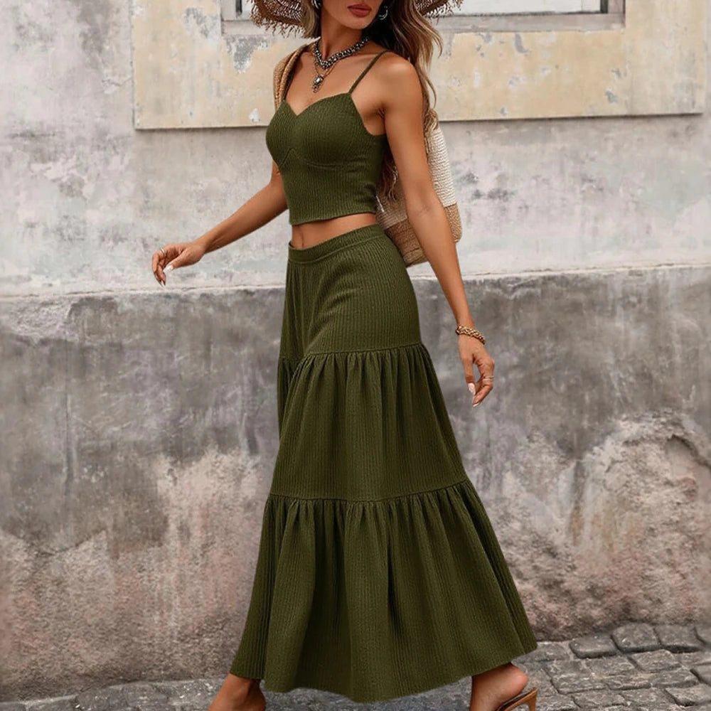 Sets Summer Simple Decent Solid Colour Screw Thread Sleeveless Sweetheart Neck High Waist Pleated Skirt Sets For Women