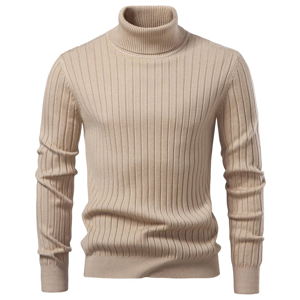 Men's Turtleneck Sweater Solid Colour With Striped Pullover Warm Knitwear Winter Casual High Quality Male Sweater