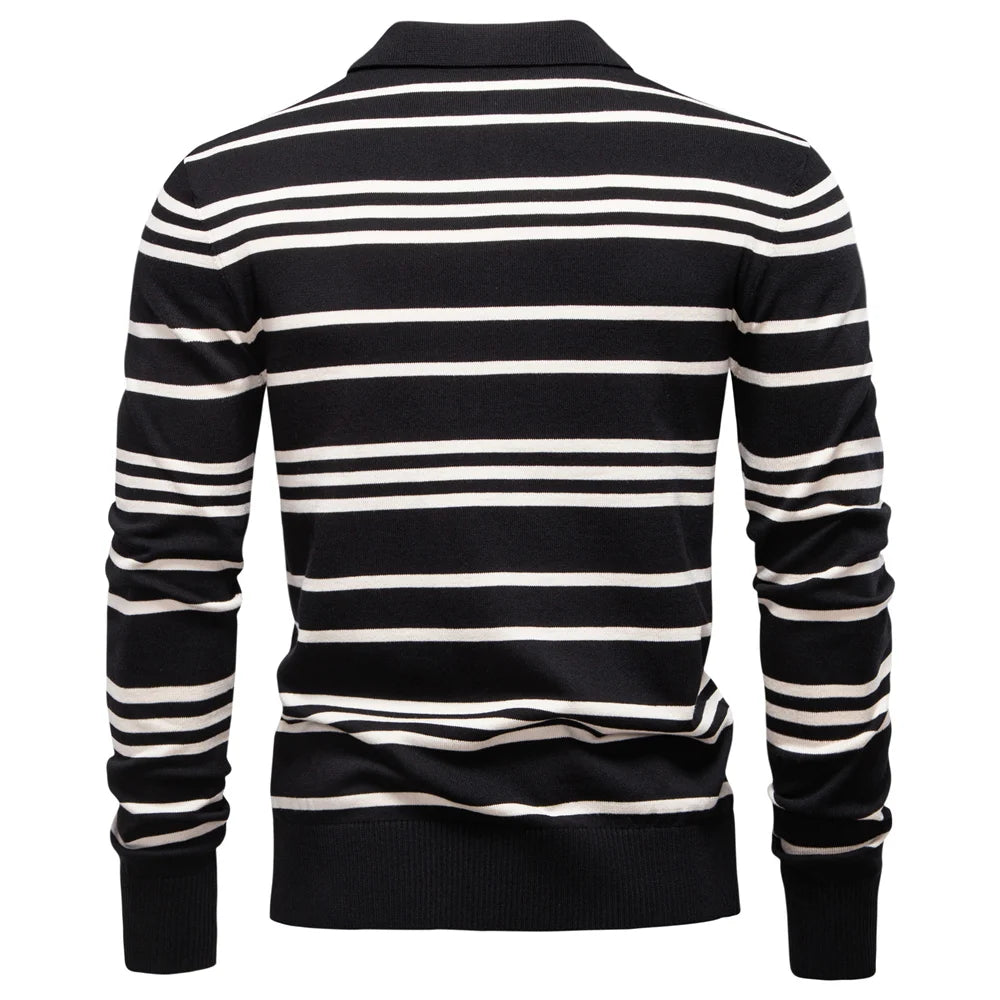 Men's Colour Block Striped Long Sleeve Polo Shirt For Autumn - Designer Business Premium T-shirts
