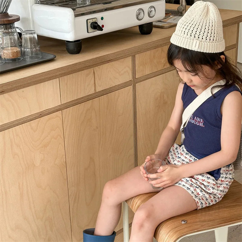 2025 Zomer Nieuwe Baby Meisjes Strik Print Shorts Katoenen Kinderen Losse Shorts Kinderen Veelzijdige Casual Broek Ademende Peuterkleding 4-6Y