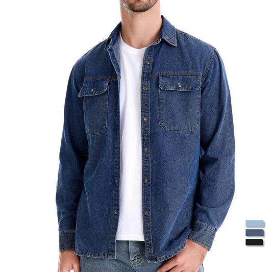 Men's 100% Cotton Denim Shirts Double Pocket Casual Cowboy Shirts Long Sleeve Autumn Jeans Shirts for Men