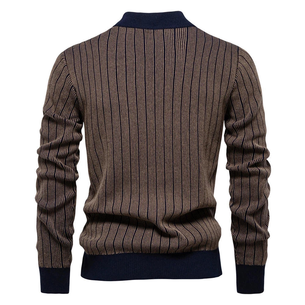 Men's Mock Neck Cotton Pullover Sweaters Autumn Winter Warm Stripped Sweater for Men