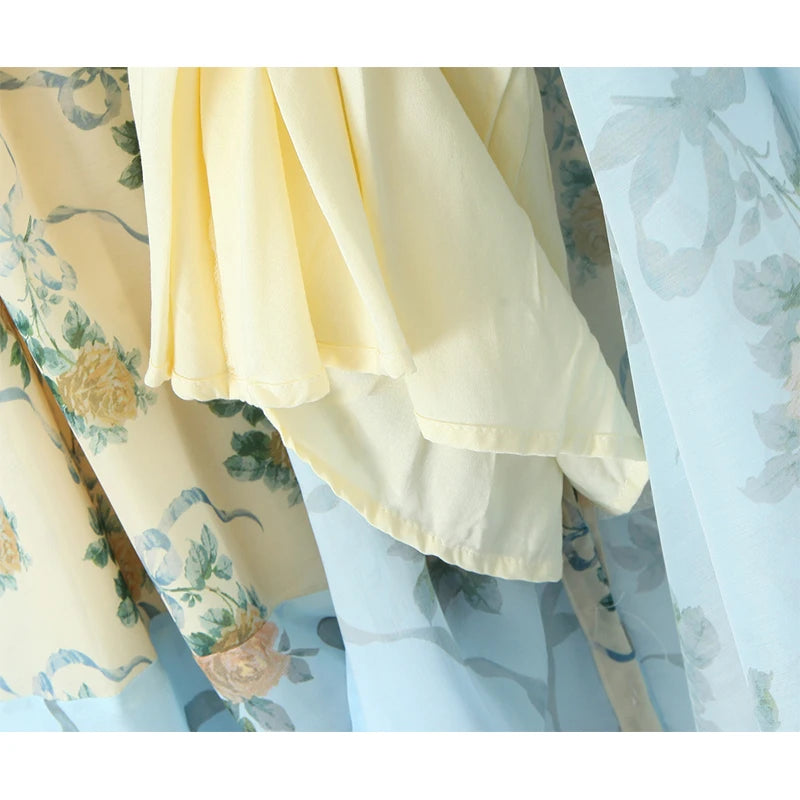 Patchwork Floral Print Boho Summer Dresses Women Vintage Puff Sleeve A-line Midi Chiffon Dress Chic Lady Vacation Robe