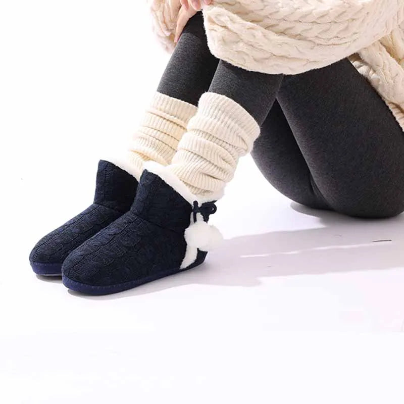 Women's Winter Warm Plush Boots Suitable For Outdoor and Indoor Use With Soft Sole Non-Slip Knit Furry Snow Shoes Cosy Cotton