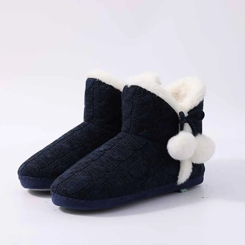 Women's Winter Warm Plush Boots Suitable For Outdoor and Indoor Use With Soft Sole Non-Slip Knit Furry Snow Shoes Cosy Cotton