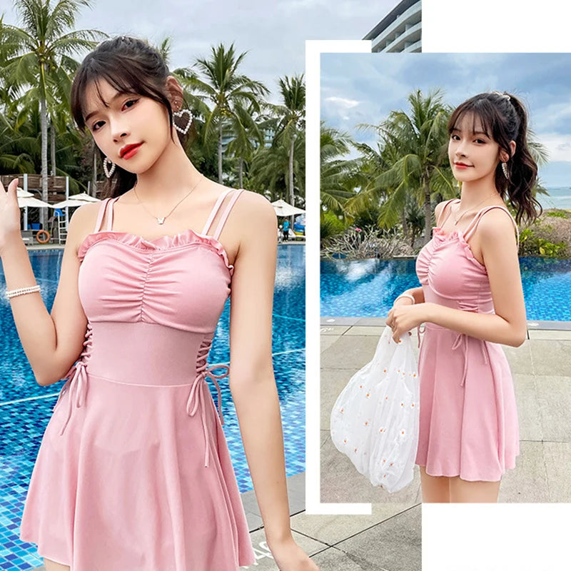 Sweet Cute Ruffle Women Swimwear Beach Holiday One-Piece Pleated Lace Up Swimsuit New Sexy Solid Slimming Hot Spring Swimsuit