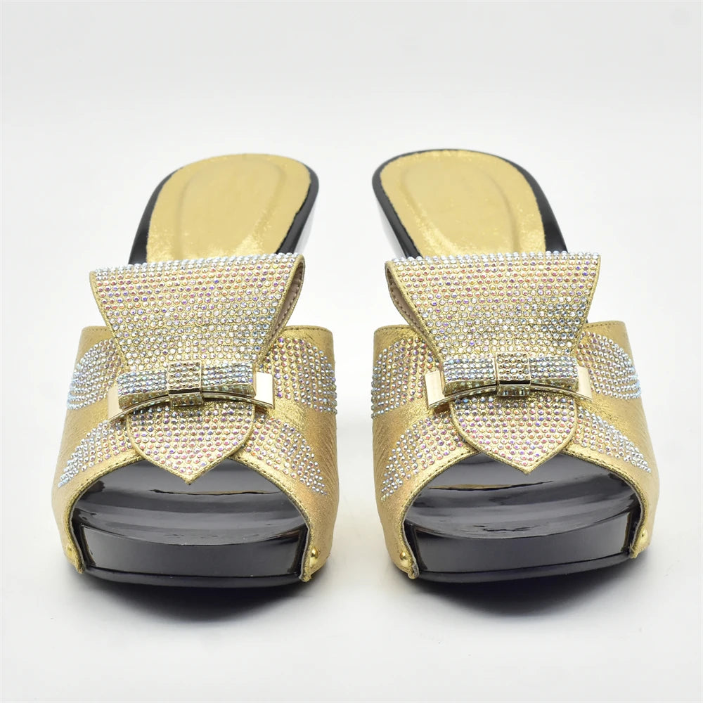 Gold Color Women Slippers Shoes African Women Wedding Shoes Elegant Italian Woman Shoes with Stone High Heels Woman Summer Pumps