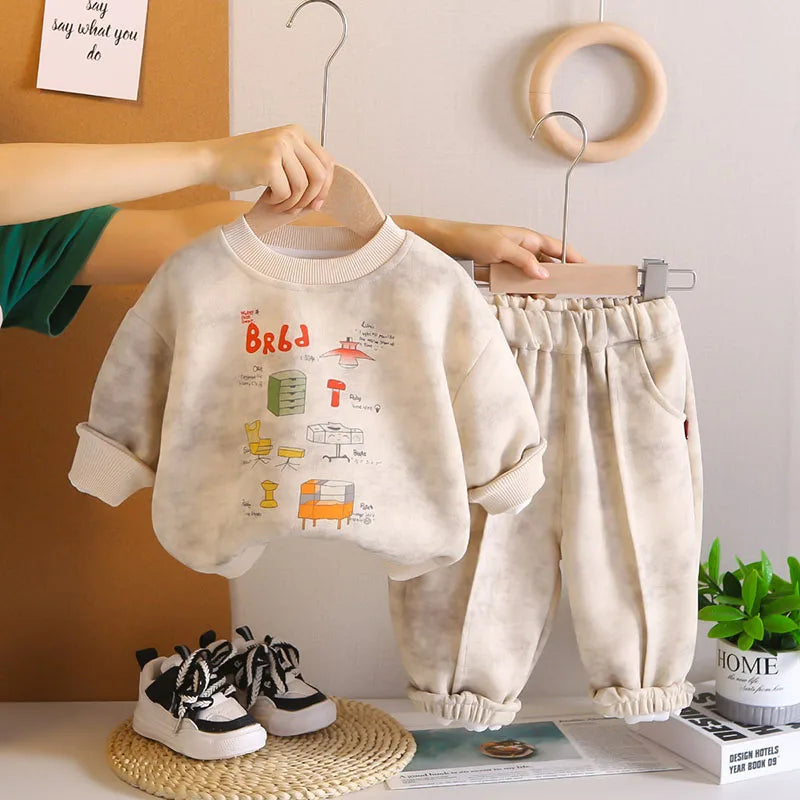 New Autumn Children Sweatshirt Set Sweet Cartoon Boys Hoodie + Sweatpants Kids 2PCS Printing Casual Suit 1-5T Unisex