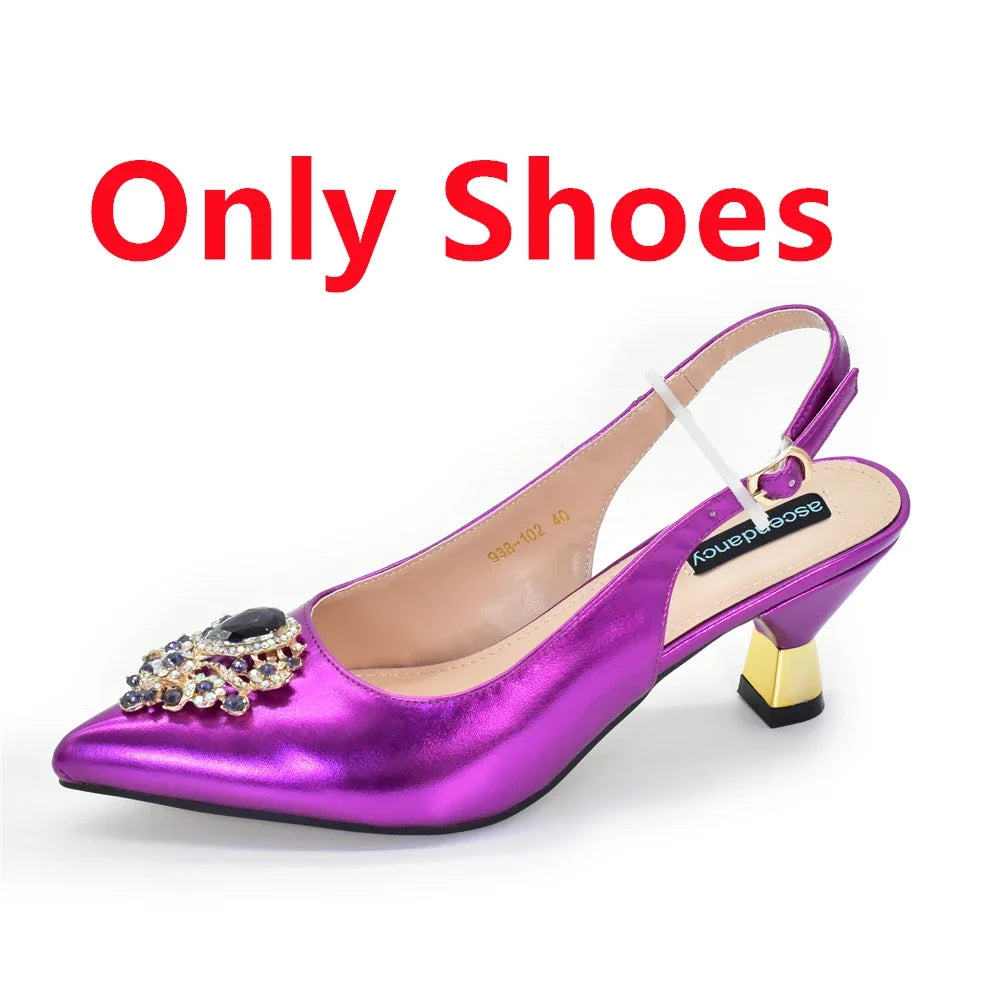 African Matching Shoes and Bags Set Decorated with Rhinestone for Ladies' Party