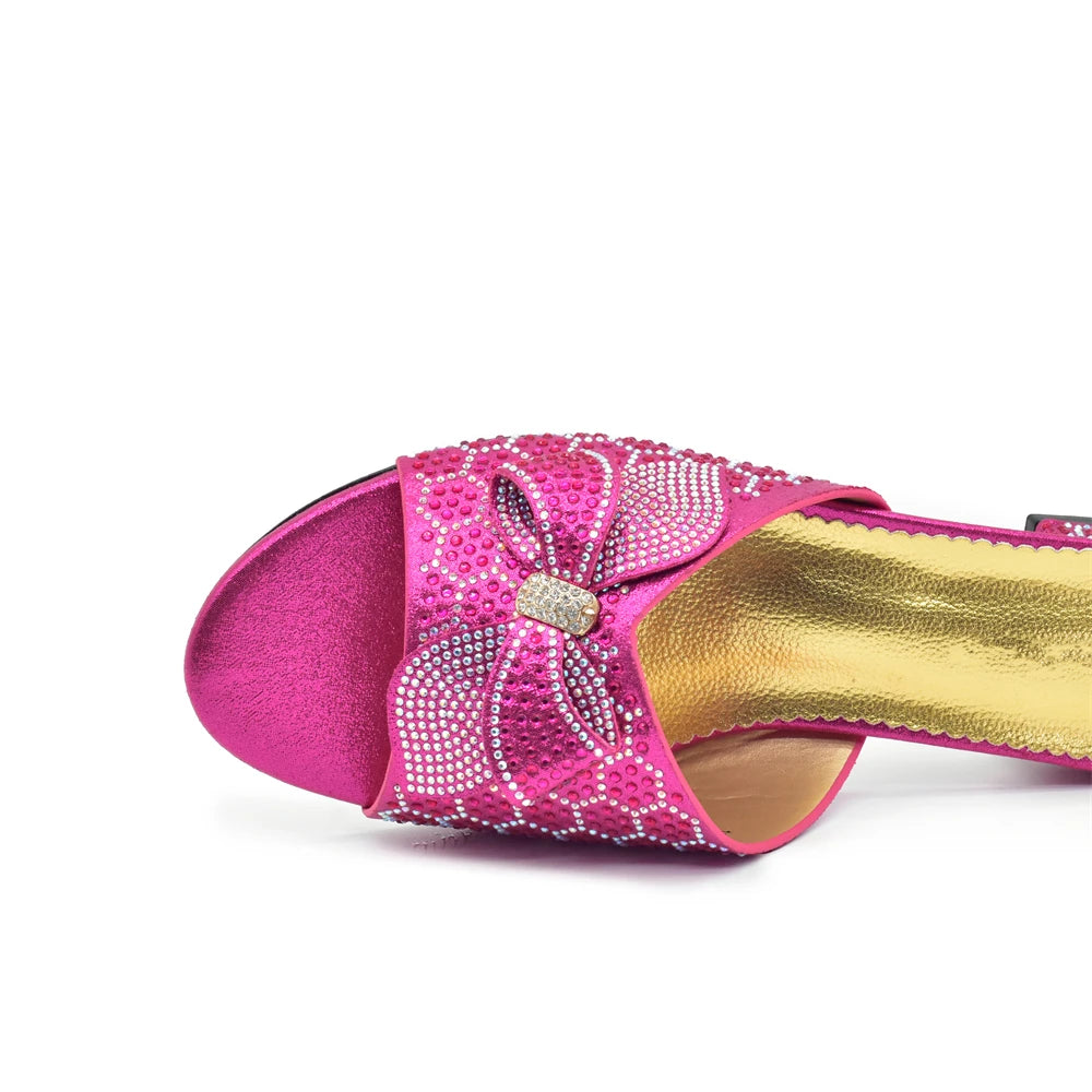 Women Bow Pumps Decorated with Rhinestone Slip-On Peep Toe Low Heels Ladies Dress Party Shoes for Bride's Wedding