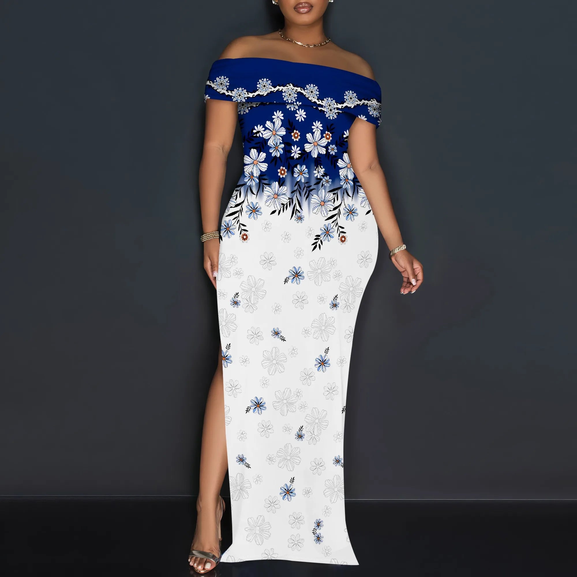 Elegant Off Shoulder Maxi Dress Ink Floral Print Bodycon Split Hem Summer Evening Look