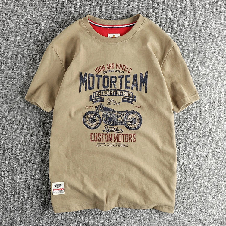 Summer American Retro Short Sleeve O-neck Letter Motorcycle Printed T-shirt Men's Fashion 100% Cotton Washed Casual Youth Tops